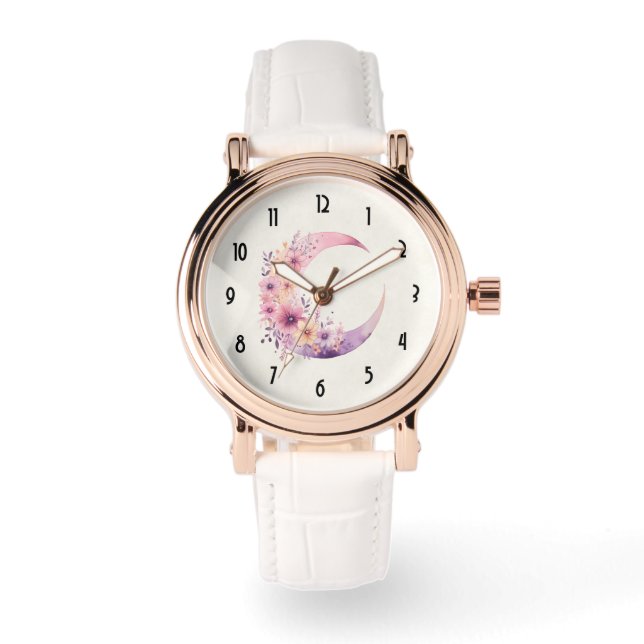 Reloj De Pulsera Luna rosa de media luna con flores de Bonito (Anverso)