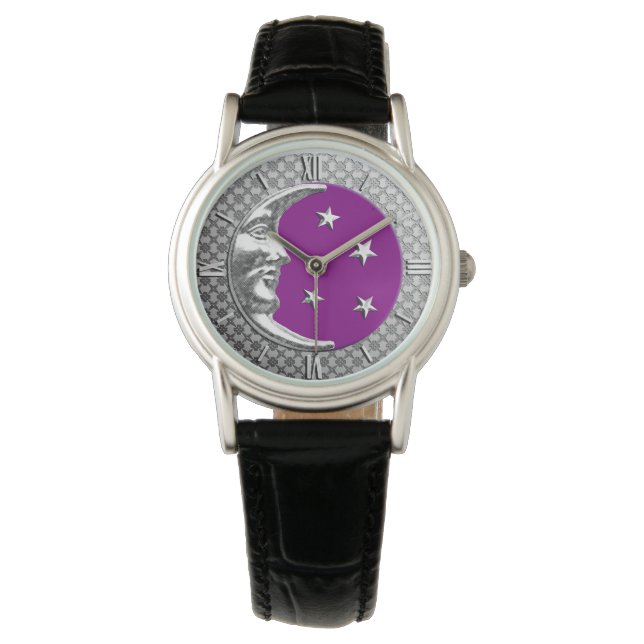 Reloj De Pulsera Luna y estrellas Art Deco - Amethyst Purple & Silv (Anverso)