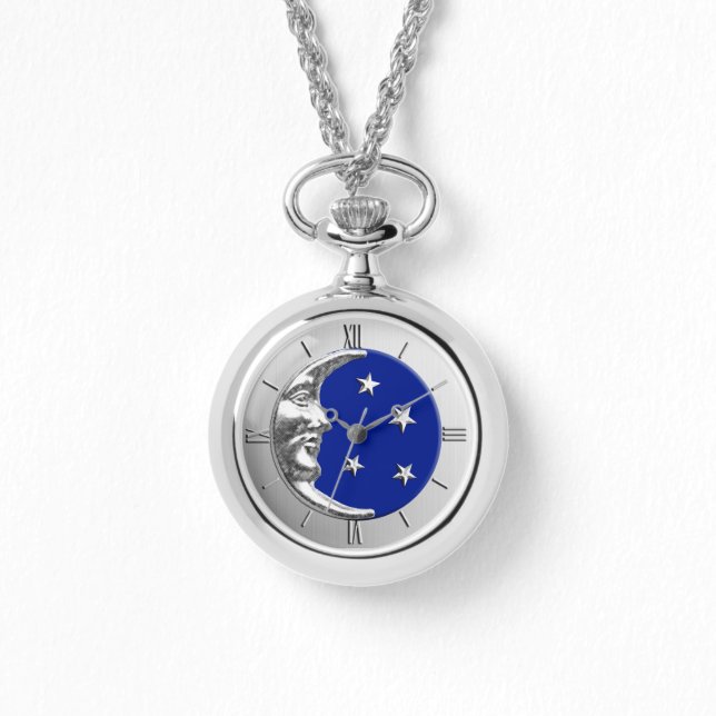 Reloj De Pulsera Luna y estrellas Art Deco - Azul cobalto y Plata (Anverso)