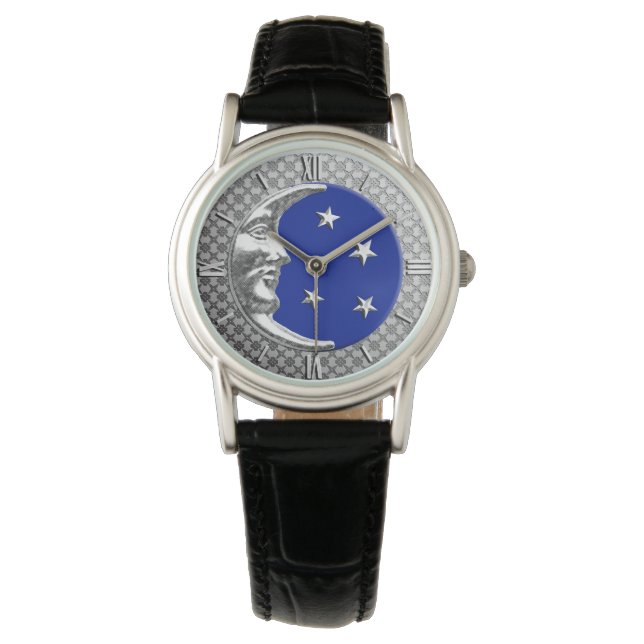 Reloj De Pulsera Luna y estrellas Art Deco - Azul cobalto y Plata (Anverso)