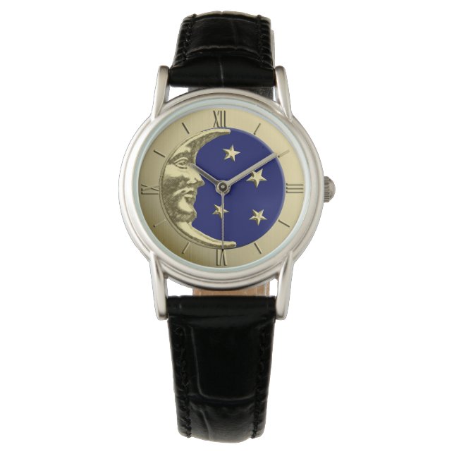 Reloj De Pulsera Luna y estrellas Art Deco - Azul marino y oro (Anverso)