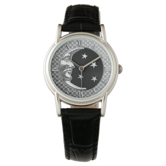 Reloj De Pulsera Luna y estrellas Art Deco - Negro y Plata (Anverso)