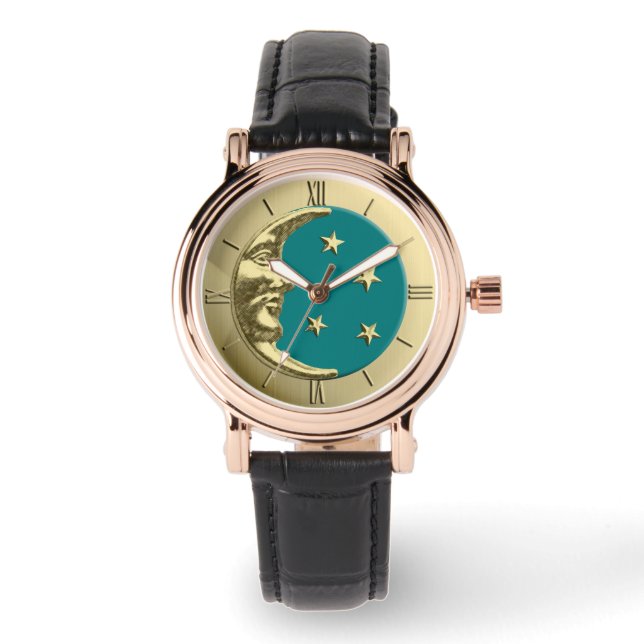 Reloj De Pulsera Luna y estrellas Art Deco - Verde azulado y dorado (Anverso)