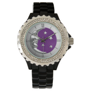 Reloj De Pulsera Luna y estrellas del art déco - púrpura y de pla