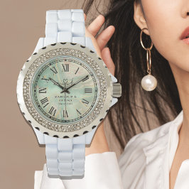 Reloj De Pulsera Luxury Aqua Marbled Rhinestone Watch for Women.