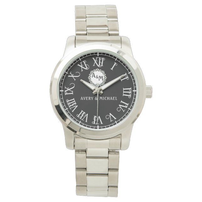 Reloj De Pulsera Luxury Black & White Couple’s Name Engraved  (Anverso)