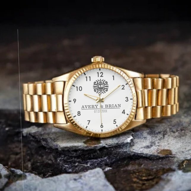 Reloj De Pulsera Luxury Floral Monogram Letters with Couple's Names (Subido por el creador)