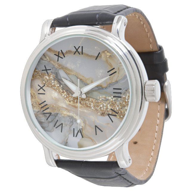 Reloj De Pulsera Luxury Gold & White Flowing Marble (Angular)