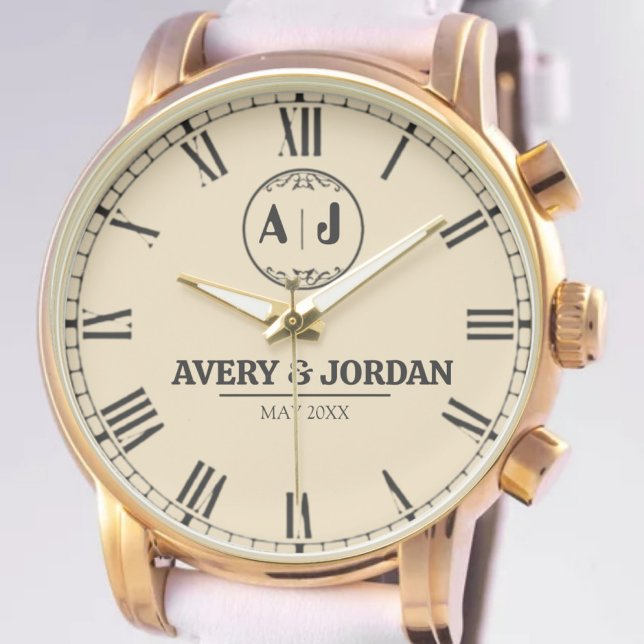 Reloj De Pulsera Luxury Romantic Monogram Him & Her Custom Names (Subido por el creador)