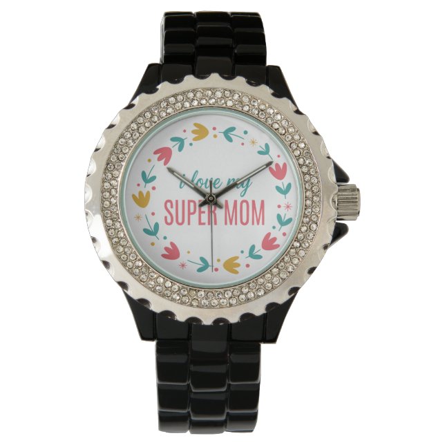 Reloj De Pulsera Luxury Silver Metal Link I Love My Super Mom Watch (Anverso)