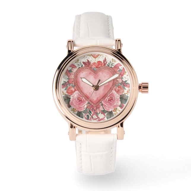 Reloj De Pulsera Luxury,Valentine, Love Pink Heart ,Flowers Pattern (Anverso)
