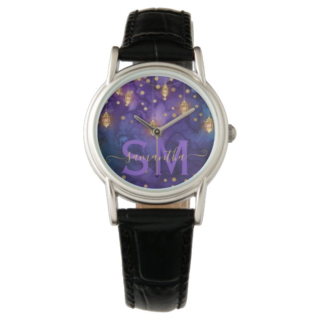 Reloj De Pulsera Luz de linterna morado y azul con monograma (Anverso)