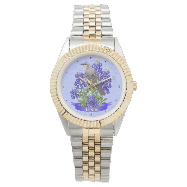 Reloj De Pulsera Mackingbird del estado de Texas y Flor de Bluebonn (Anverso)
