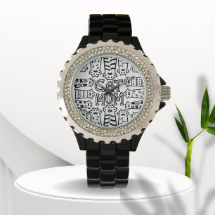 Reloj De Pulsera Madre de gato blanco y negro con patas para gatos