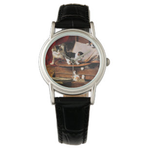 Reloj De Pulsera Madre gata y gatitos en la mesa