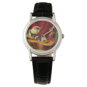 Reloj De Pulsera Madre gata y gatitos jugando con guitarra