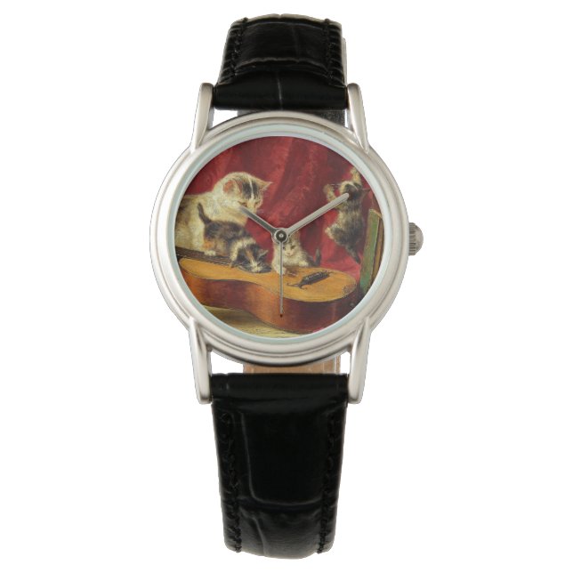 Reloj De Pulsera Madre gata y gatitos jugando con guitarra (Anverso)