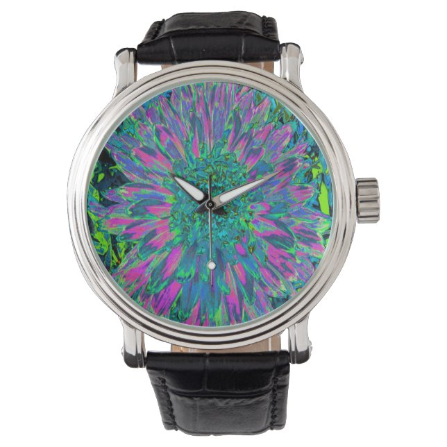 Reloj De Pulsera Magenta psicodélica, Aqua y Lime Green Dahlia (Anverso)