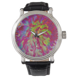 Reloj De Pulsera Magenta psicodélica y flor de dalia amarilla