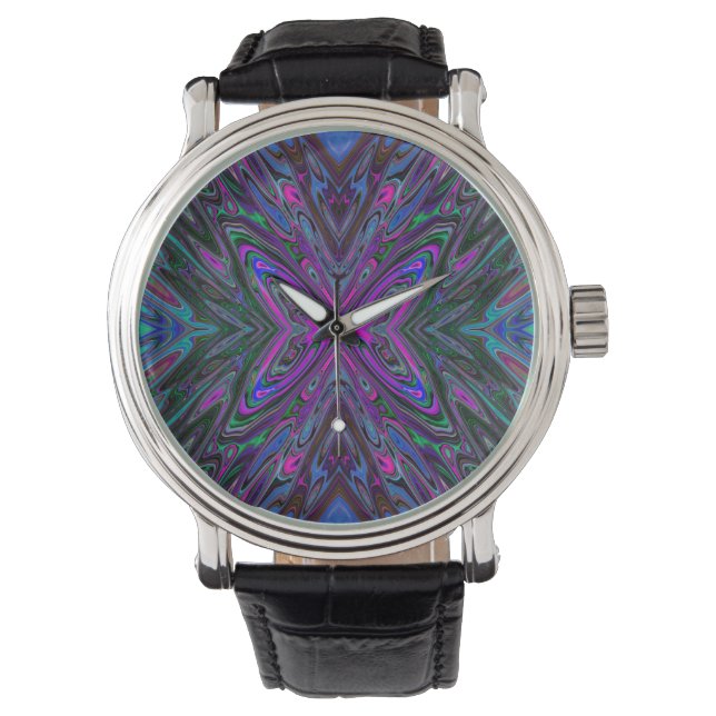 Reloj De Pulsera Magenta trippy, mariposa abstracta azul y verde (Anverso)