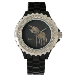 Reloj De Pulsera Magnífico caballo lindo unicornio negro y oro