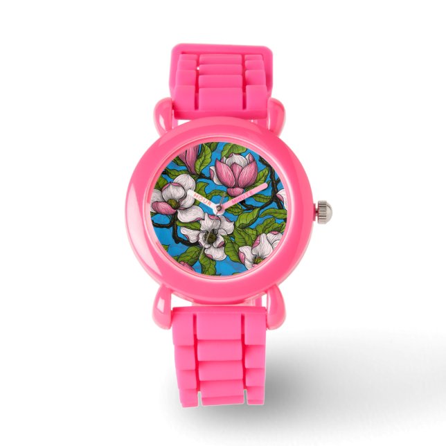 Reloj De Pulsera Magnolia floreciente en azul (Anverso)