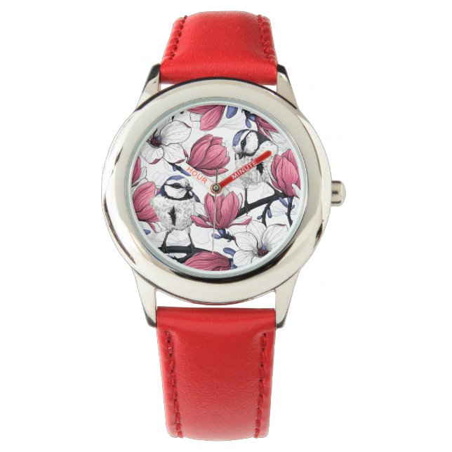 Reloj De Pulsera Magnolia rosa y aves azules (Anverso)