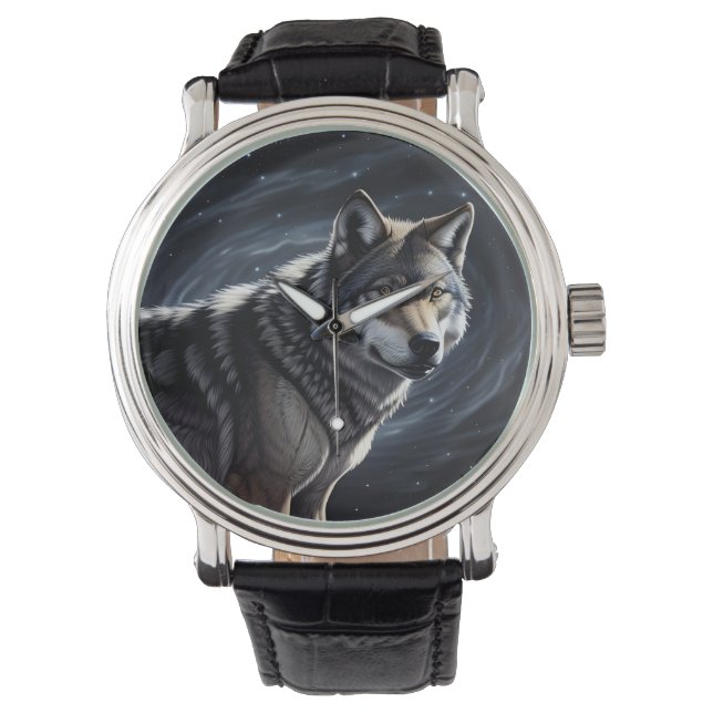 Reloj De Pulsera Majestic Wolf Under Starry Sky (Anverso)