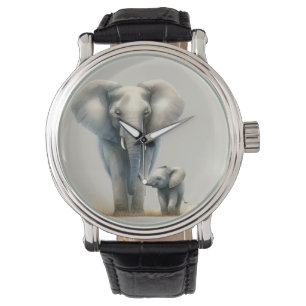 Reloj De Pulsera Majestuoso elefante africano y bebé en acuarela