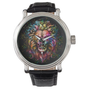 RELOJ DE PULSERA MAJESTUOSO LEÓN RUGIENDO ABSTRACTO GEOMÉTRICO COLO