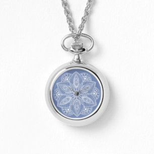 Reloj De Pulsera Mandala blanca exótica con fondo azul