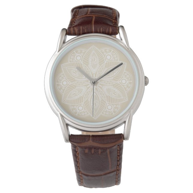 Reloj De Pulsera Mandala blanca exótica con fondo beige (Anverso)