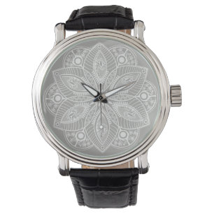 Reloj De Pulsera Mandala blanca exótica con fondo gris