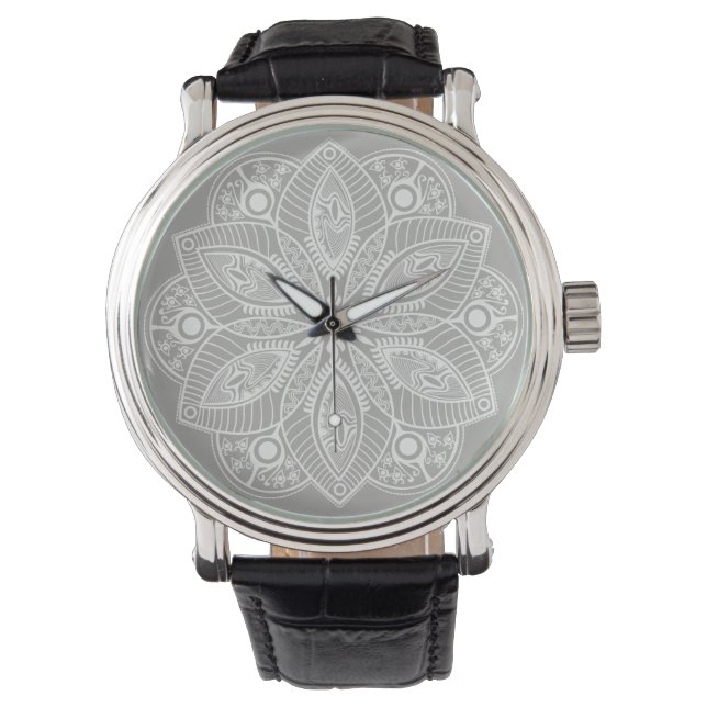 Reloj De Pulsera Mandala blanca exótica con fondo gris (Anverso)