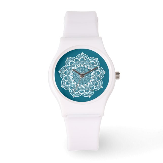 Reloj De Pulsera Mandala Blanca sobre Fondo Azul (Anverso)