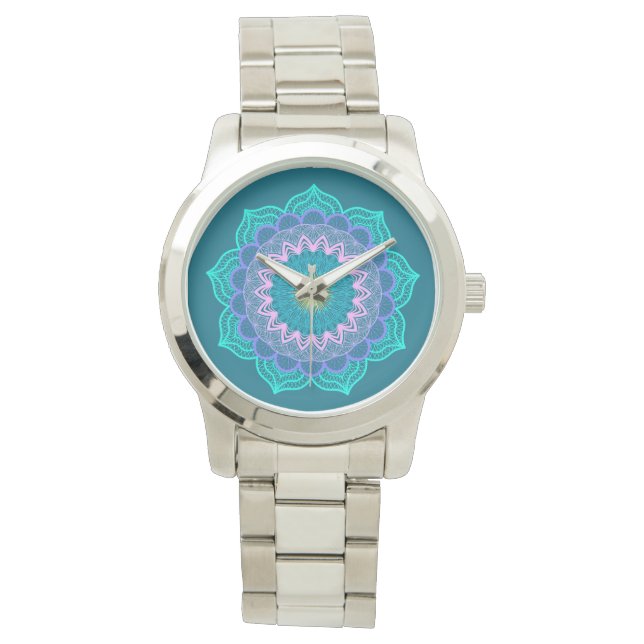Reloj De Pulsera Mandalá Colorido sobre Fondo Azul (Anverso)