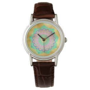 Reloj De Pulsera Mandalá Colorido sobre Fondo de Oro Suave