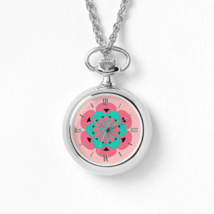 Reloj De Pulsera Mandala de flores Lotus, rosa coral y turquesa