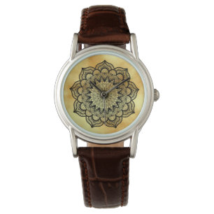 Reloj De Pulsera Mandalá negro sobre fondo de oro suave