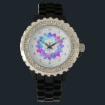 Reloj De Pulsera *~* Mandala nueva edad del Lotus Om negro femenino<br><div class="desc">* El nuevo diseño espiritual de la época de la observadora del esmalte negro de cristal de las mujeres presenta un color magenta azul turquesa fuerte de color loto flor mandala cristalina diamante de imitación de la cara de reloj enmarcado. La mandala tiene un símbolo om en el centro. Añade...</div>