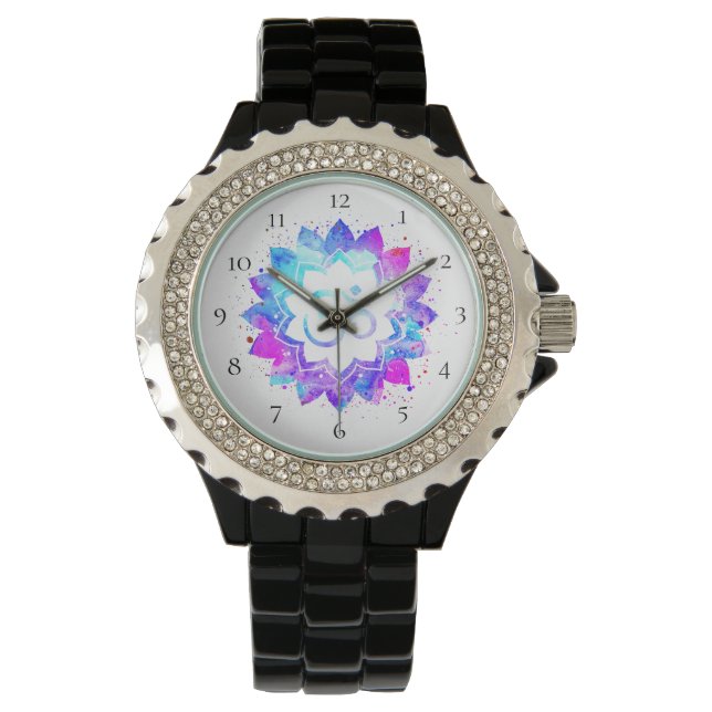 Reloj De Pulsera *~* Mandala nueva edad del Lotus Om negro femenino (Anverso)