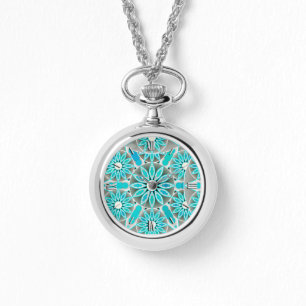 Reloj De Pulsera Mandala pattern, turquoise, silver grey and white