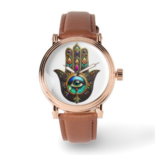 Reloj De Pulsera Mano de Hamsa Dorada Marrón Colorida Arcoíris Terc