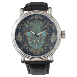 Reloj De Pulsera Mano de Hamsa - Mano de guijarros azules de Fátima