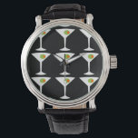 Reloj De Pulsera Mantener 'Em Viene Martini Watch (negro)<br><div class="desc">Este Keep 'Em Coming Martini Watch presenta un fondo negro y la imagen de baldosa de una silueta blanca de un cristal de martini. En el interior de cada vaso hay una gloriosa aceituna verde con un pimento naranja. Este es un reloj de pulsera divertido para todos los que desean...</div>