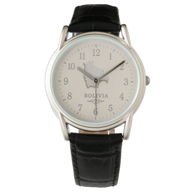Reloj De Pulsera Mapa de Bolivia Crema Efecto Plata (Anverso)