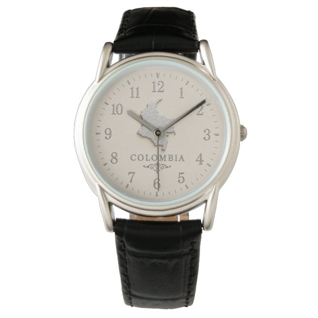 Reloj De Pulsera Mapa de Colombia Crema Efecto Plata (Anverso)