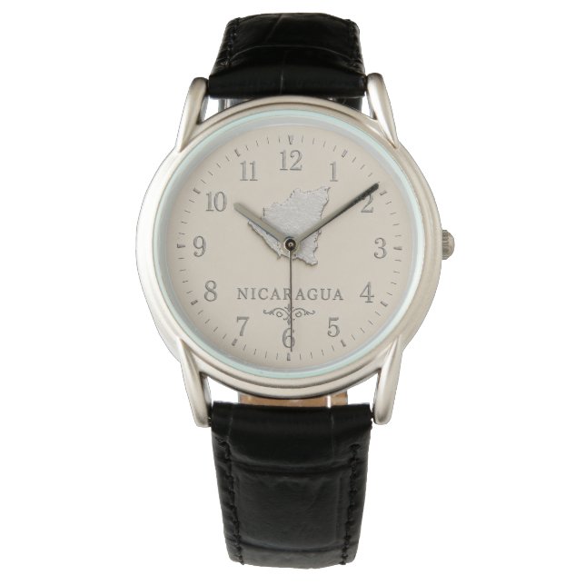 Reloj De Pulsera Mapa de Nicaragua Crema Plata (Anverso)
