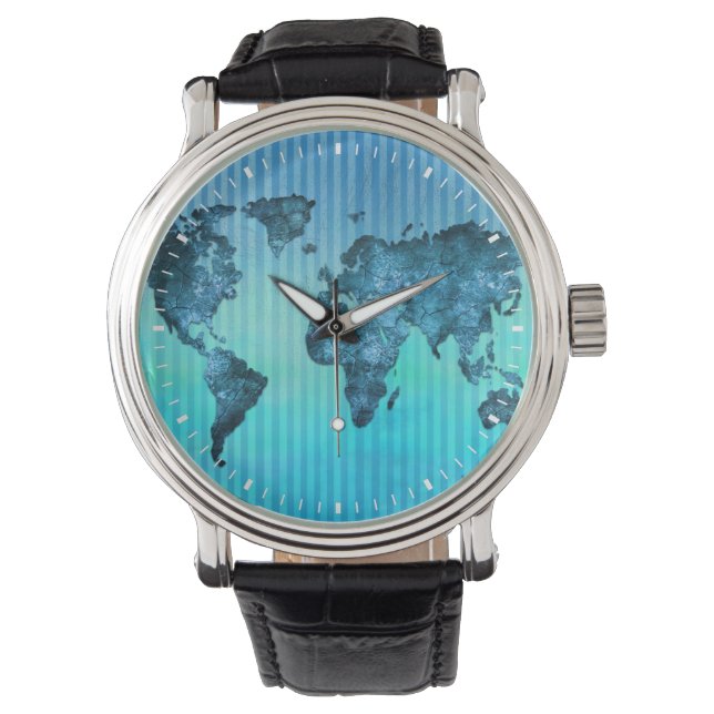 Reloj De Pulsera Mapa mundial | Bandas azul neón (Anverso)