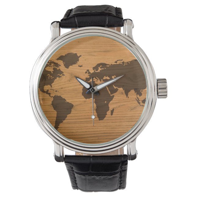 Reloj De Pulsera Mapa Mundial de Grano de Madera (Anverso)